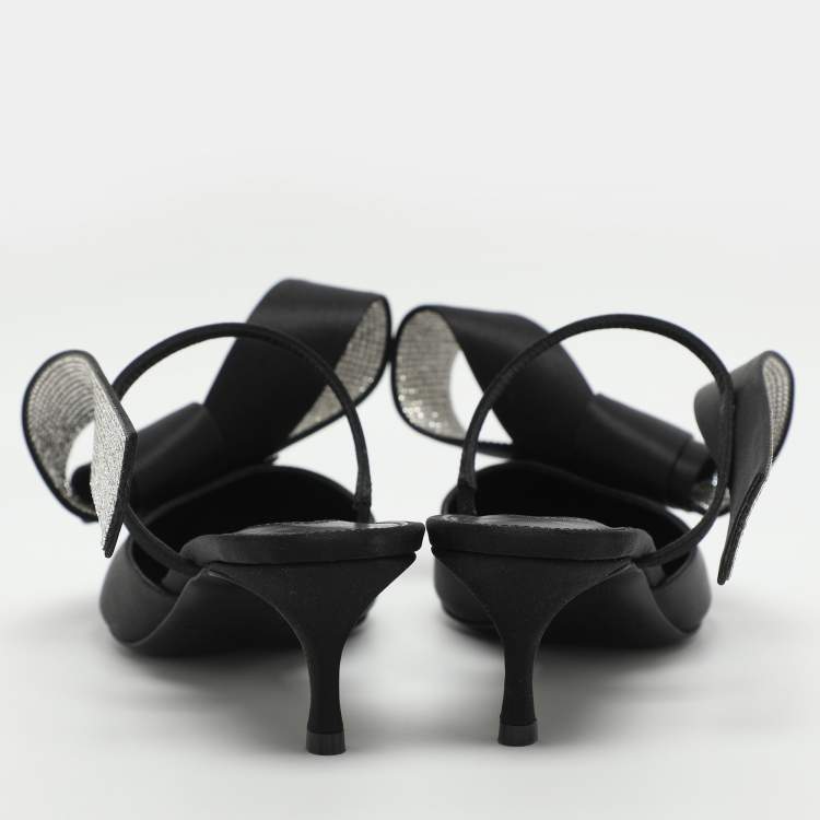 مملوكة مسبقًا Area x Sergio Rossi Marquise Size 36 Black Satin Crystal Embellished Mules