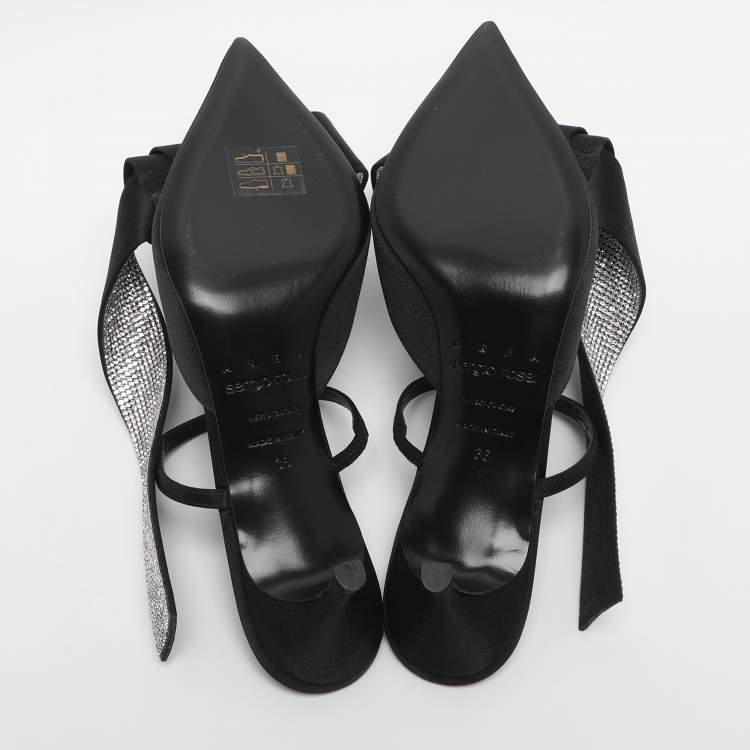 مملوكة مسبقًا Area x Sergio Rossi Marquise Size 36 Black Satin Crystal Embellished Mules