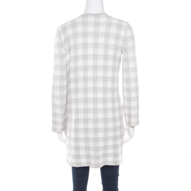Pre Owned Armani Collezioni Grey and White Checked Fringed Trim Long Cardigan M