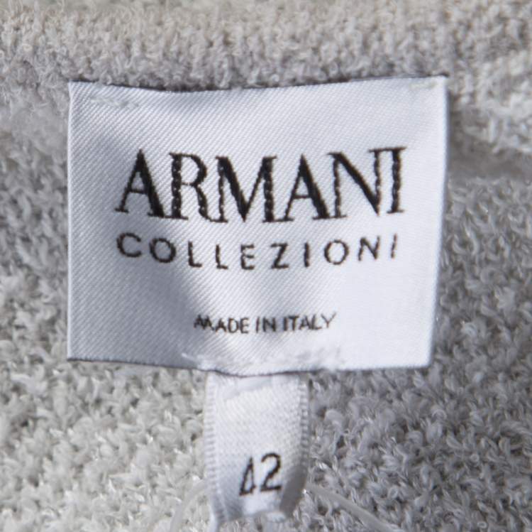 Pre Owned Armani Collezioni Grey and White Checked Fringed Trim Long Cardigan M