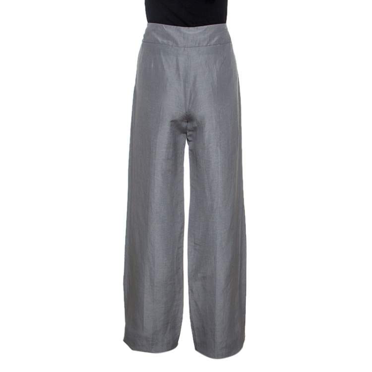 Pre Owned Armani Collezioni Grey Linen Silk Blend Wide Leg Trousers M 