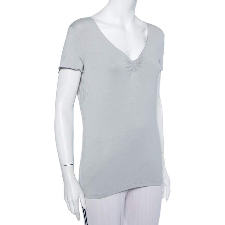 Pre Owned Armani Collezioni Grey Knit Ruched Neck Detail T-Shirt XL