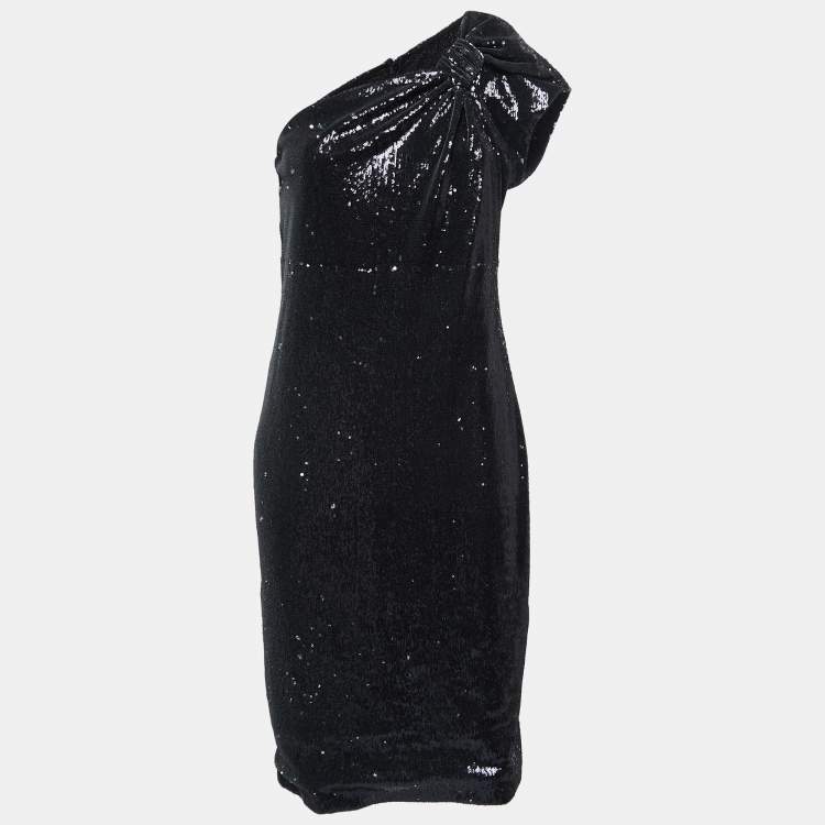 Pre Owned Armani Collezioni Black Sequined Bow Detail One-Shoulder Dress M