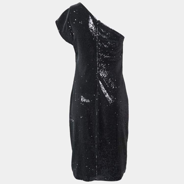 Pre Owned Armani Collezioni Black Sequined Bow Detail One-Shoulder Dress M