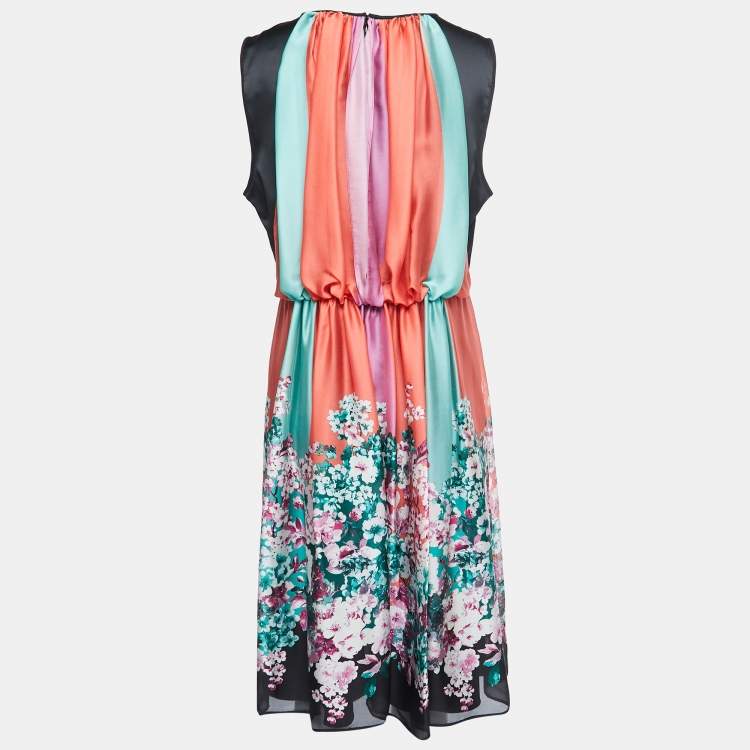 Pre Owned Armani Collezioni Multicolor Floral Printed Silk and Satin Gathered Sleeveless Midi Dress L