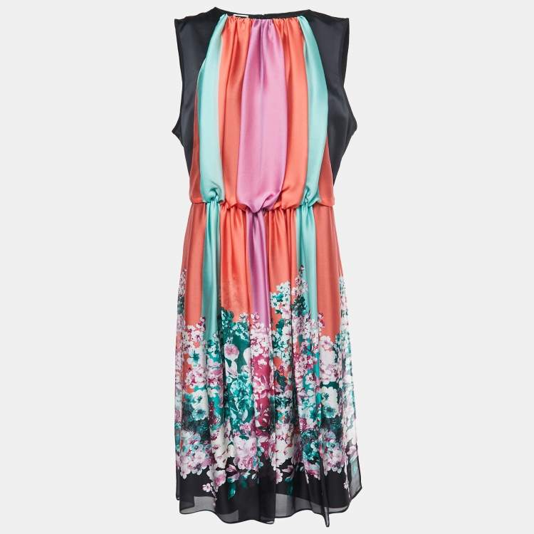 Pre Owned Armani Collezioni Multicolor Floral Printed Silk and Satin Gathered Sleeveless Midi Dress XL