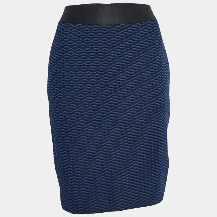 Pre Owned Armani Collezioni Blue/Black Jacquard Knee Length Skirt M