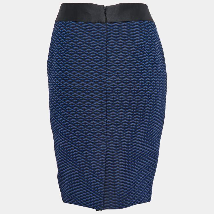 Pre Owned Armani Collezioni Blue/Black Jacquard Knee Length Skirt M