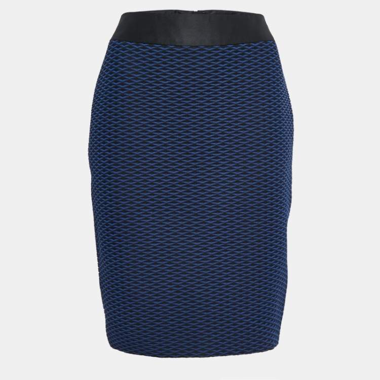 Pre Owned Armani Collezioni Blue/Black Jacquard Knee Length Skirt M