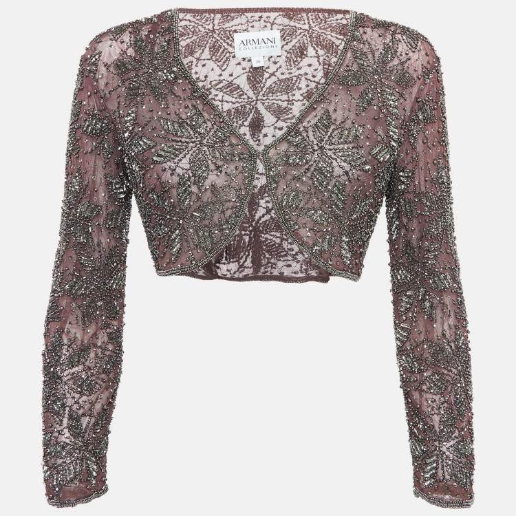 Pre Owned Armani Collezioni Purple Embellished Tulle Shrug S