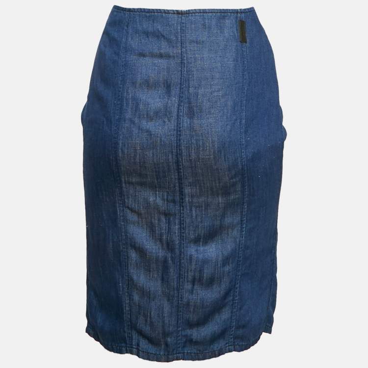 Pre Owned Armani Collezioni Blue Denim Ruffled Midi Skirt S