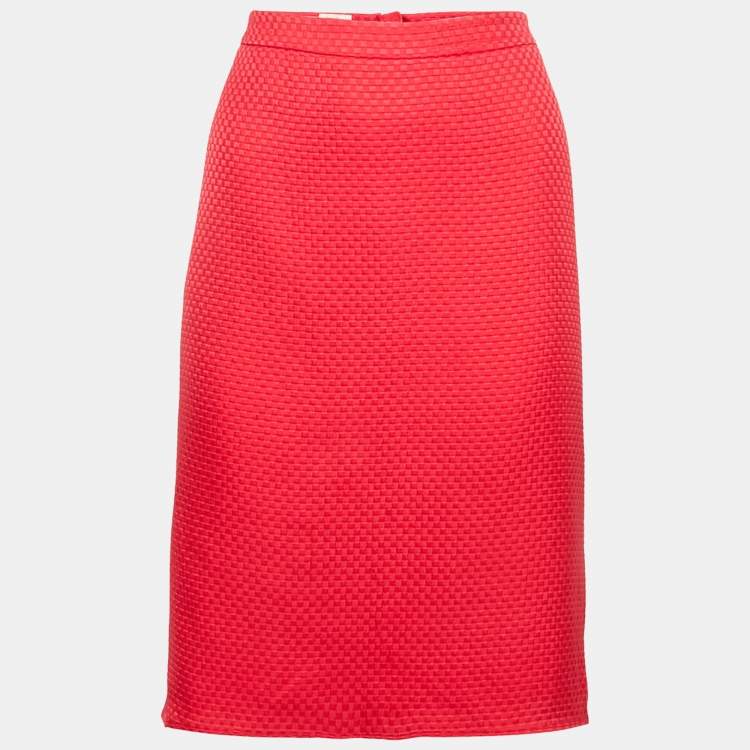 Pre Owned Armani Collezioni Red Checked Pattern Silk Knee-Length Skirt L