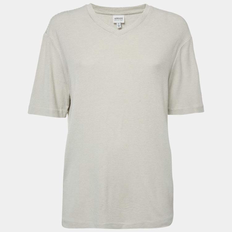 Pre Owned Armani Collezioni Stripe Grey Knit V-Neck Top L