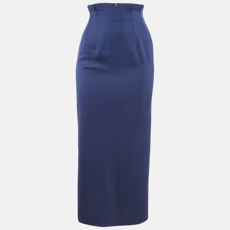 Pre Owned Armani Collezioni Blue Satin Pleated Maxi Skirt S