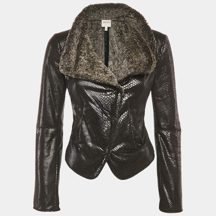 Pre Owned Armani Collezioni Black Faux Leather and Faux Fur Biker Jacket S