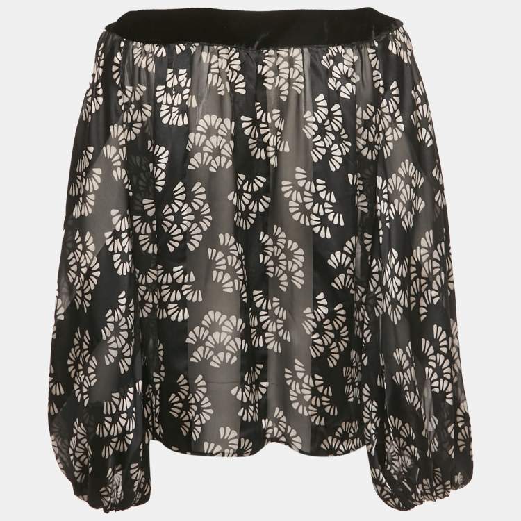 Pre Owned Giorgio Armani Black Printed Silk & Velvet Trim Top L