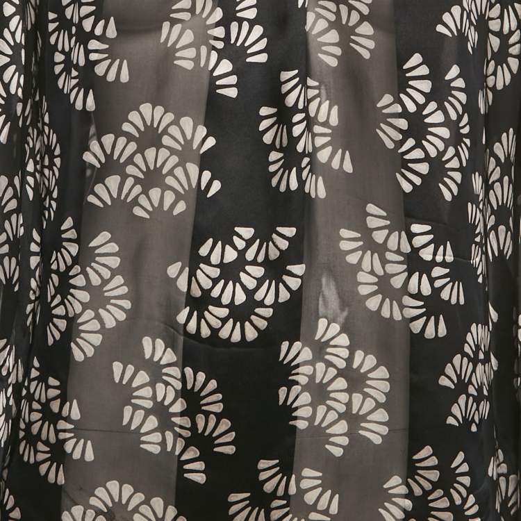 Pre Owned Giorgio Armani Black Printed Silk & Velvet Trim Top L