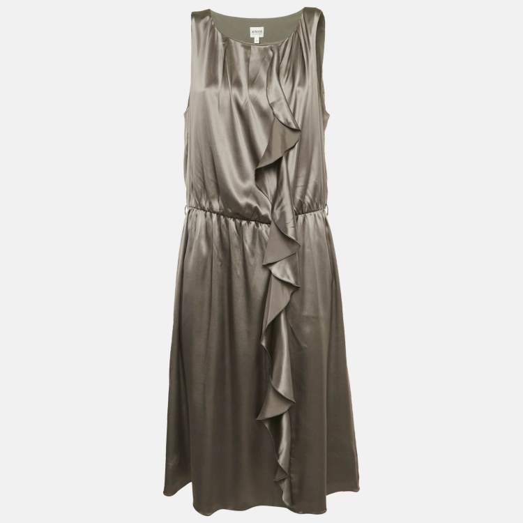 Pre Owned Armani Collezioni Grey Stretch Satin Ruffled Short Dress L