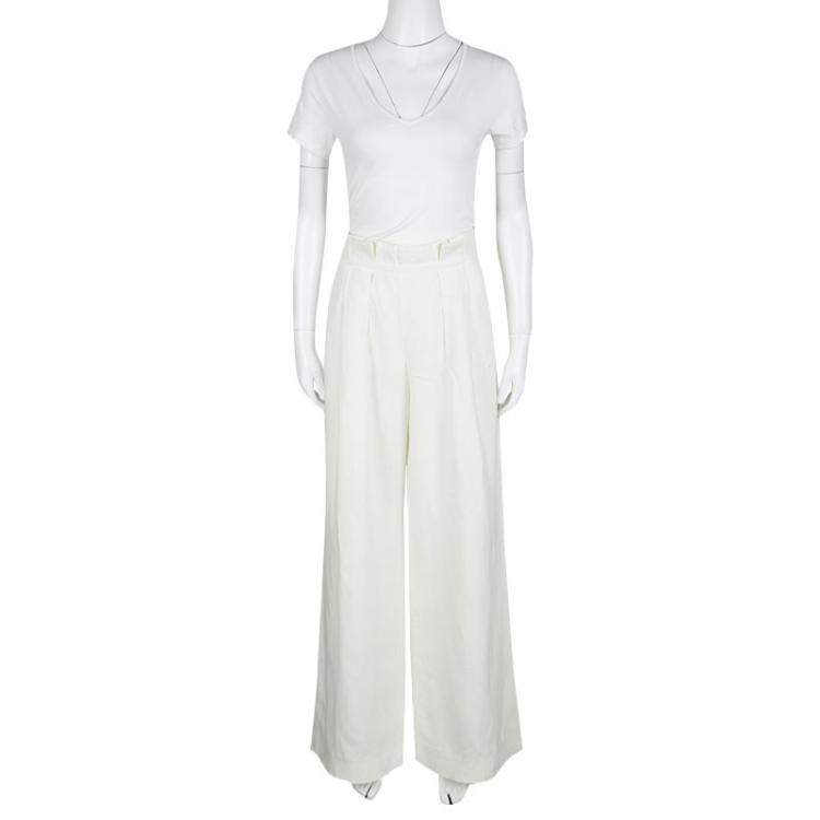 Pre Owned Armani Collezioni Off White Linen Wide Leg High Waist Pants L