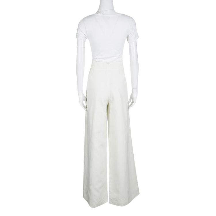 Pre Owned Armani Collezioni Off White Linen Wide Leg High Waist Pants L