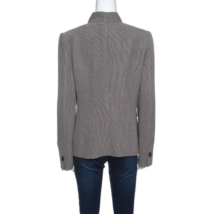 Pre Owned Armani Collezioni Beige and Brown Textured Wool Mandarin Collar Blazer L