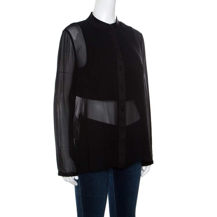 Pre Owned Armani Collezioni Black Silk Satin Trim Detail Long Sleeve Blouse M