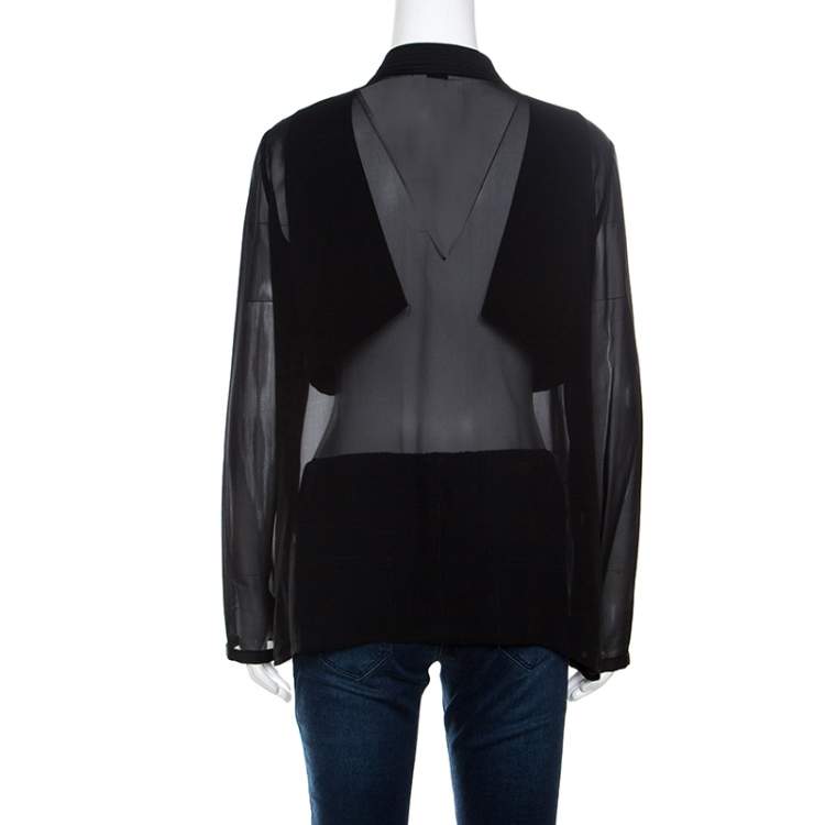 Pre Owned Armani Collezioni Black Silk Satin Trim Detail Long Sleeve Blouse M