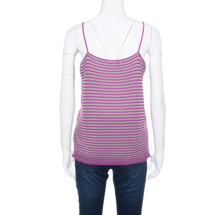 Pre Owned Armani Collezioni Purple Striped Knit Noodle Strap Top L