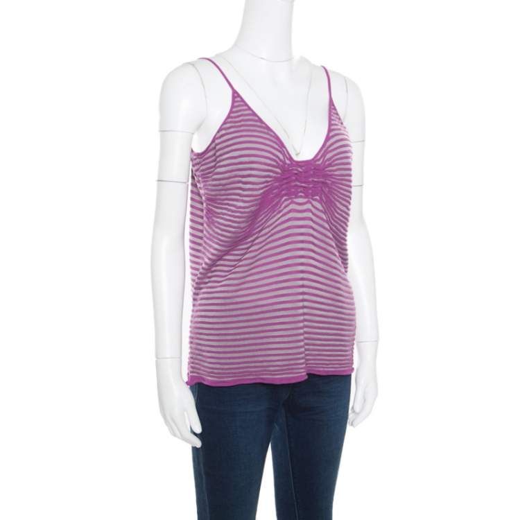 Pre Owned Armani Collezioni Purple Striped Knit Noodle Strap Top L