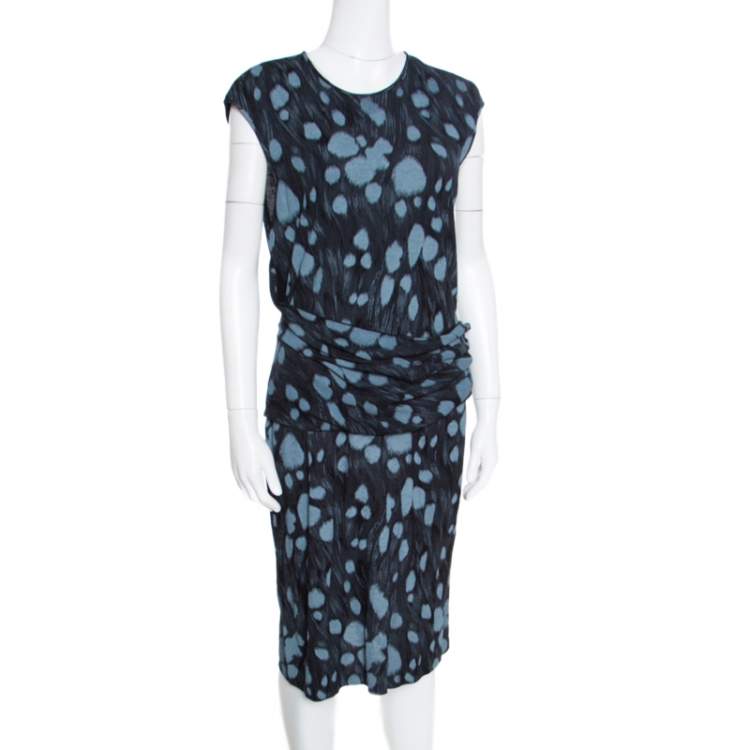 Pre Owned Armani Collezioni Black Printed Jersey Draped Waist Detail Sleeveless Dress XL