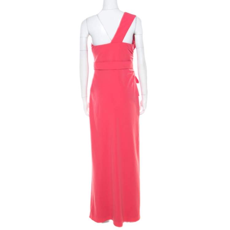 Pre Owned Armani Collezioni Salamander Pink Crepe Pleated Bow Trim One Shoulder Evening Gown M