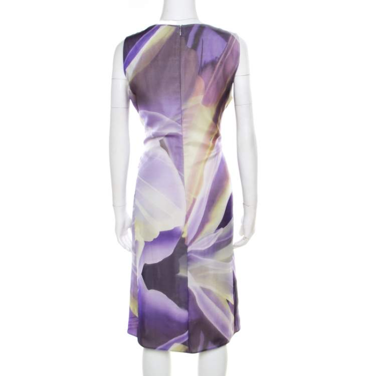 مملوكة مسبقًا Armani Collezioni Purple Printed Silk Draped Sleeveless Dress L