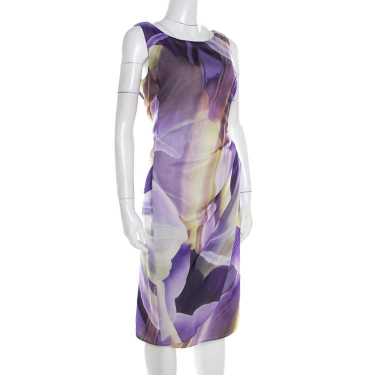 مملوكة مسبقًا Armani Collezioni Purple Printed Silk Draped Sleeveless Dress L