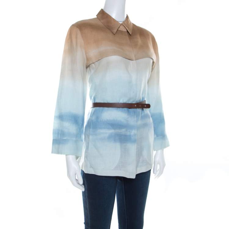 Pre Owned Armani Collezioni Beige Blue Shaded Linen Shirt M 