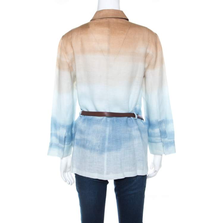 Pre Owned Armani Collezioni Beige Blue Shaded Linen Shirt M 