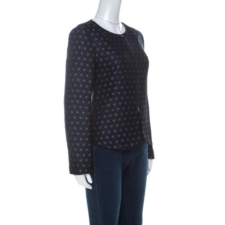 Pre Owned Armani Collezioni Navy Blue Spot-Jacquard Silk Blend Zip Front Jacket M