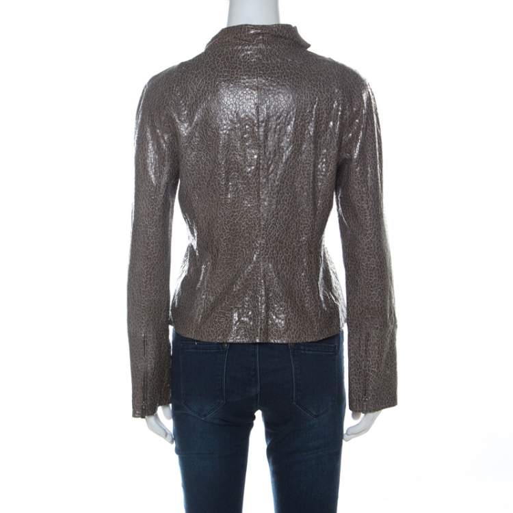 Pre Owned Armani Collezioni Grey-Green Leopard Embossed Lambskin Zip Up Cowl Neck Jacket M