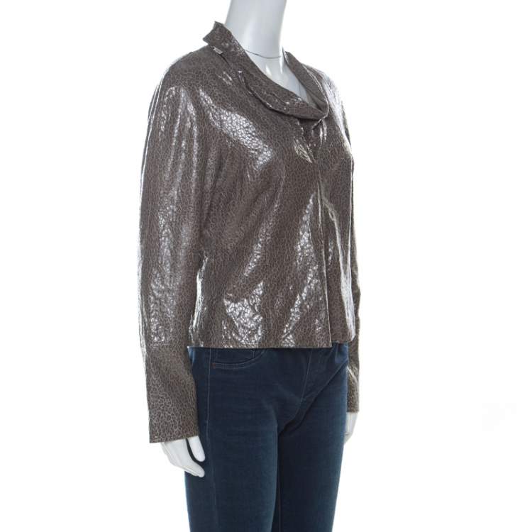 Pre Owned Armani Collezioni Grey-Green Leopard Embossed Lambskin Zip Up Cowl Neck Jacket M