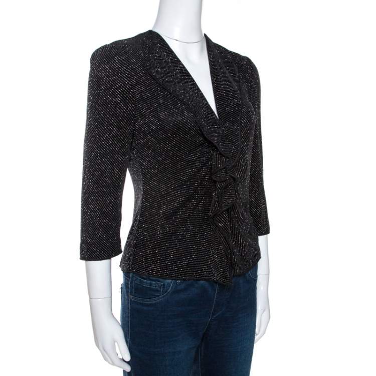 Armani Collezioni Black Lurex Stretch Knit Ruffled Cardigan M