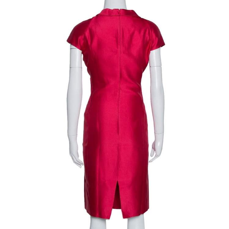 Pre Owned Armani Collezioni Ruby Pink Cotton & Silk Pintuck Detail Sheath Dress L