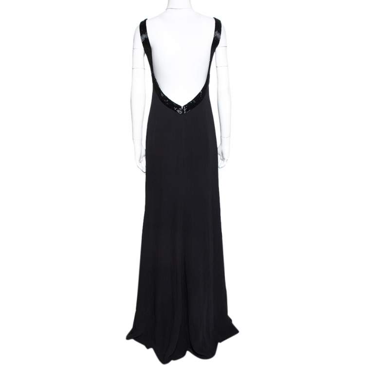 Pre Owned Armani Collezioni Black Silk Crepe Bead Embellished Gown M