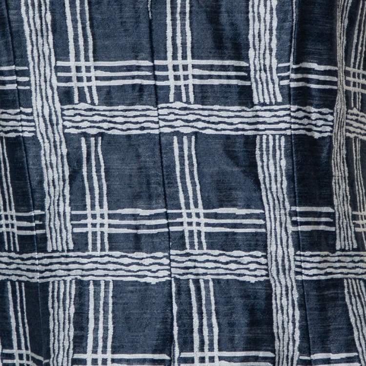 Pre Owned Armani Collezioni Navy Blue Checked Linen & Cotton Flared Dress M