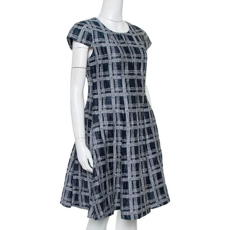 Pre Owned Armani Collezioni Navy Blue Checked Linen & Cotton Flared Dress M