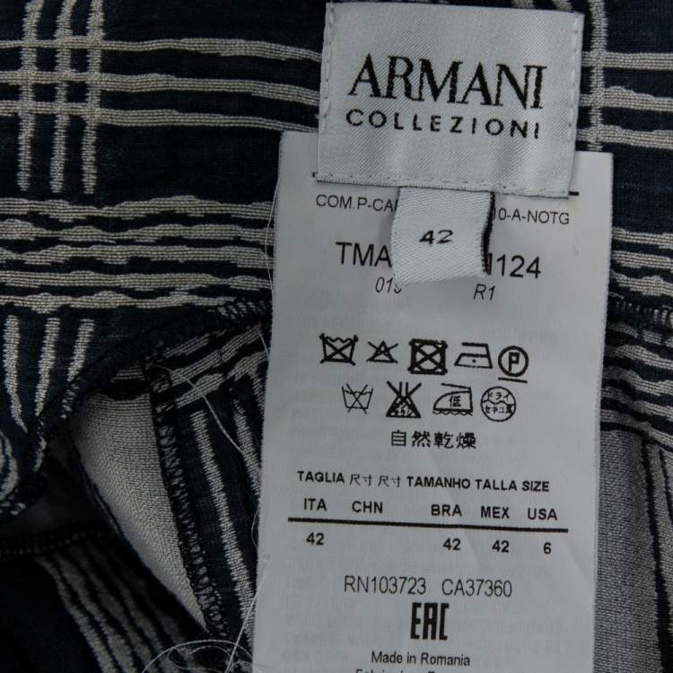 Pre Owned Armani Collezioni Navy Blue Checked Linen & Cotton Flared Dress M