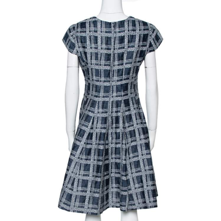 Pre Owned Armani Collezioni Navy Blue Checked Linen & Cotton Flared Dress M
