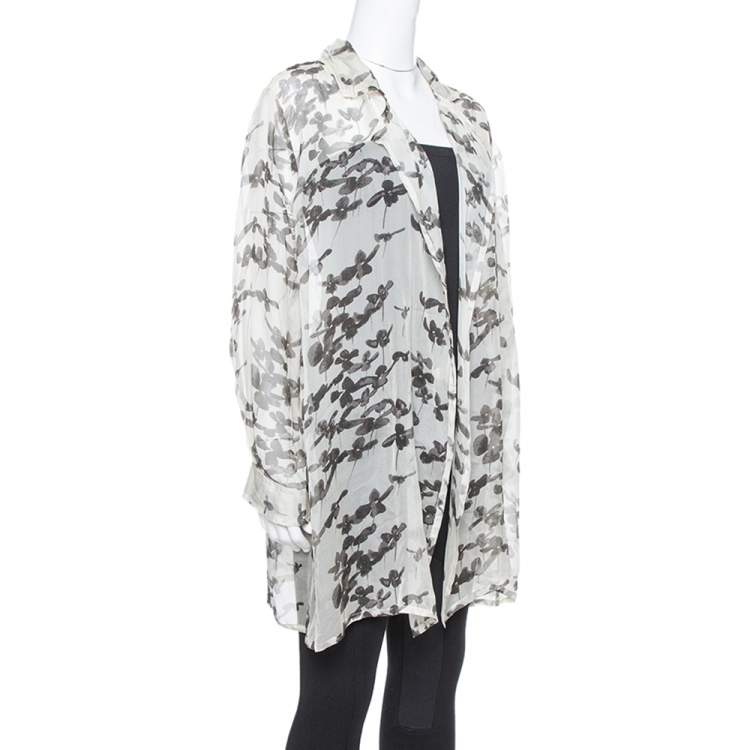 Pre Owned Armani Collezioni Grey Silk Stencil Floral Ruched Top M