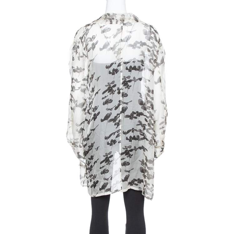 Pre Owned Armani Collezioni Grey Silk Stencil Floral Ruched Top M