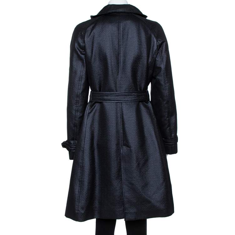 Pre Owned Armani Collezioni Metallic Black Wool Belted Trench Coat M