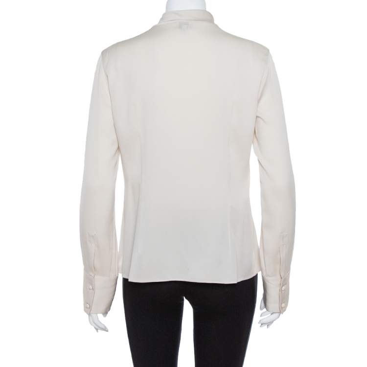 Pre Owned Armani Collezioni Cream Silk Satin Tie Neck Detail Shirt M