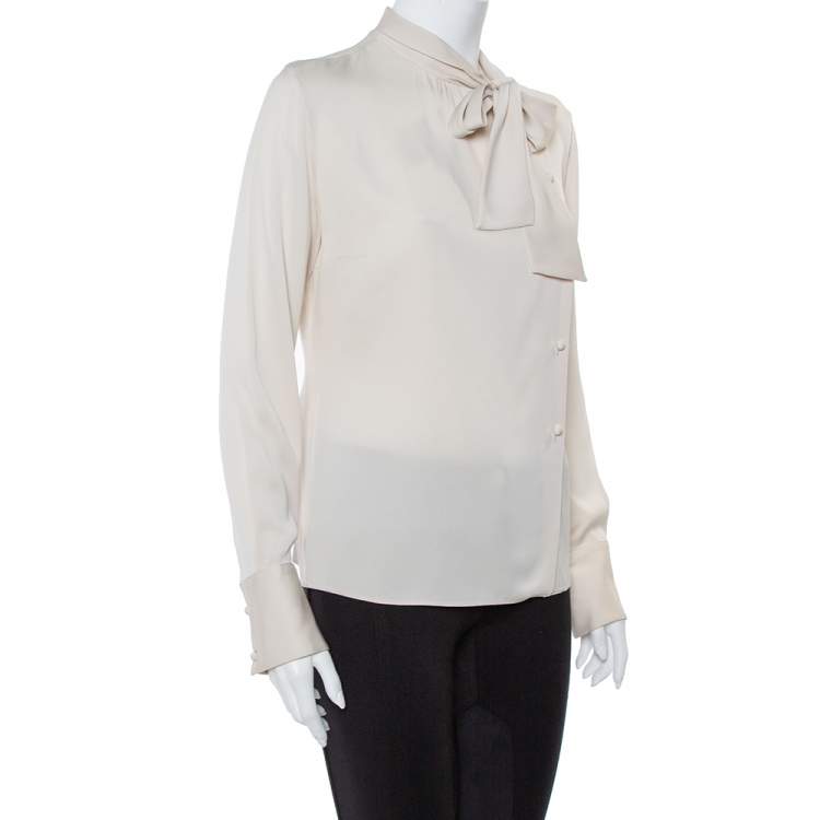 Pre Owned Armani Collezioni Cream Silk Satin Tie Neck Detail Shirt M
